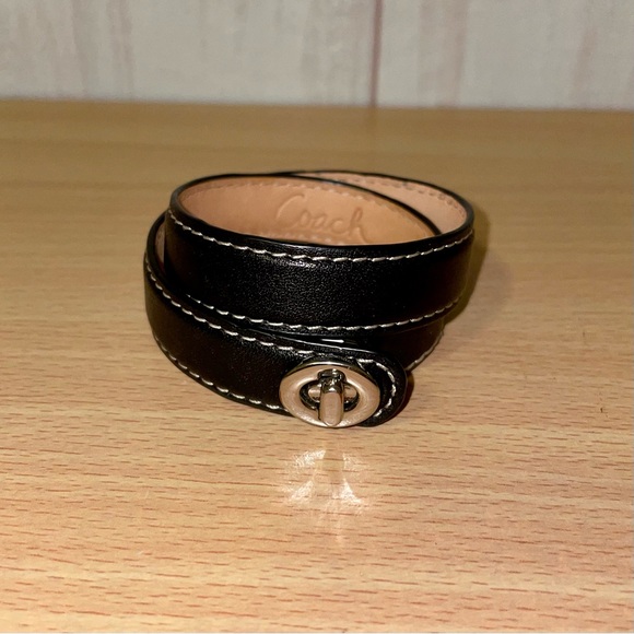 Coach Turnlock Black Leather Wrap Bracelet